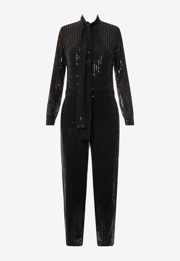 Sequined Pinstripe Jumpsuit with Bow-Detail