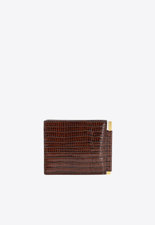 Stamped Logo Money Clip Wallet in Croc-Embossed Leather