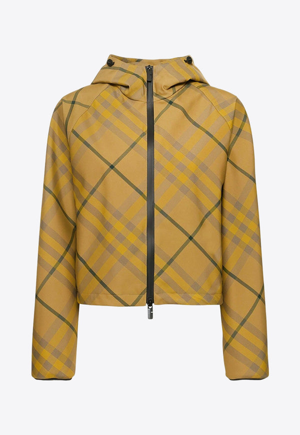 Check-Pattern Zip-Up Hooded Jacket