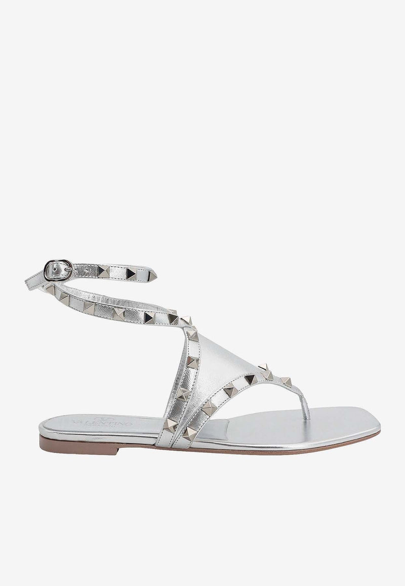 Rockstud Metallic Leather Flat Sandals