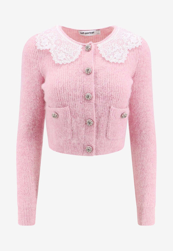 Lace-Collar Ribbed Knit Cardigan