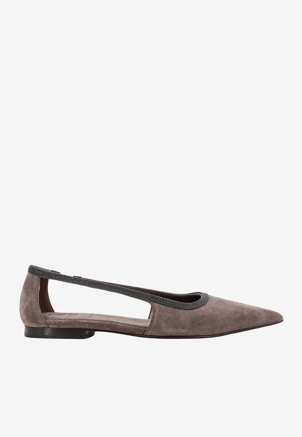 Monili-Trimmed Pointed Suede Flats