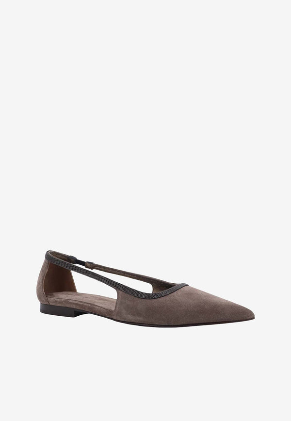 Monili-Trimmed Pointed Suede Flats