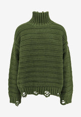 Distressed High-Neck Knitted Sweater