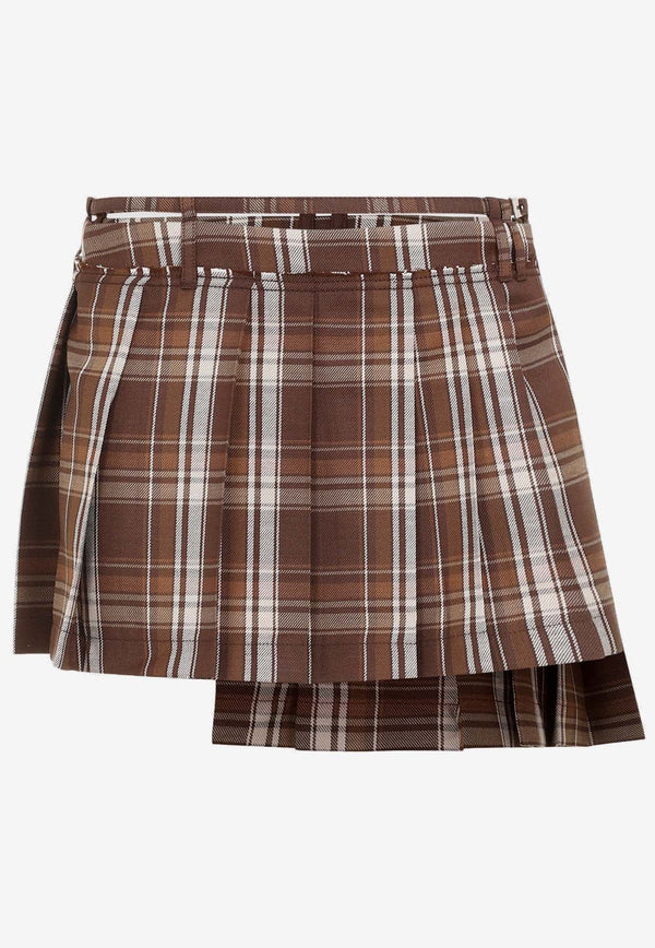 Asymmetric Pleated Checked Mini Skirt
