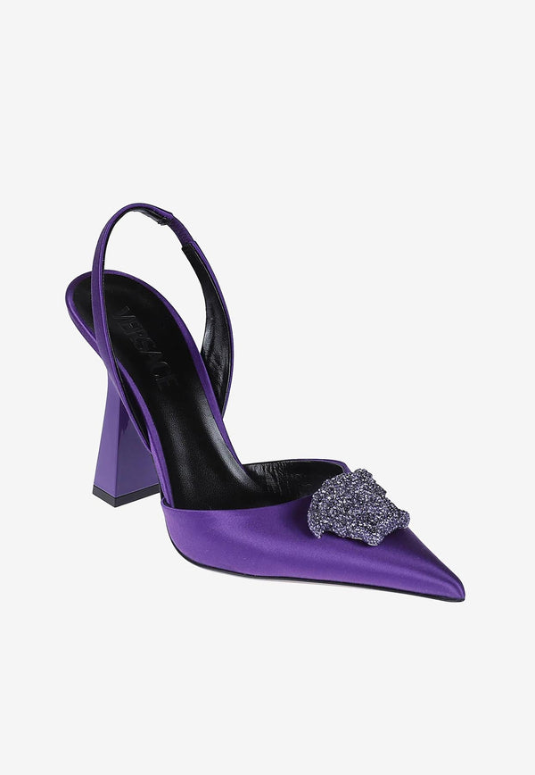 80 Crystal Embellished Medusa Slingback Pumps in Satin