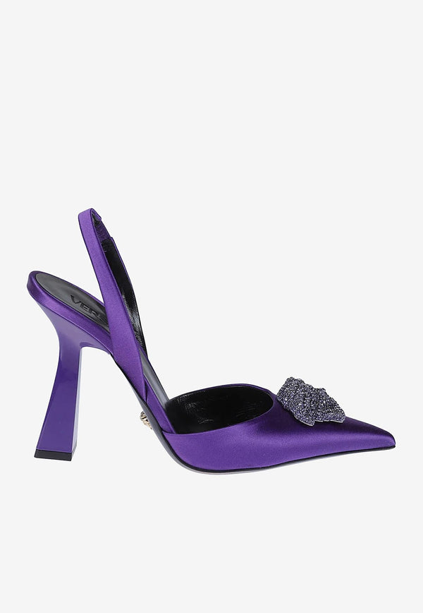 80 Crystal Embellished Medusa Slingback Pumps in Satin