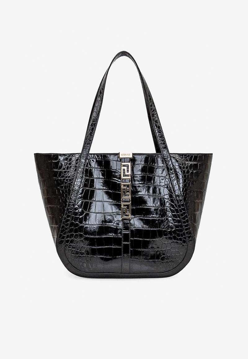 Large Greca Goddess Tote Bag in Croc-Effect Leather