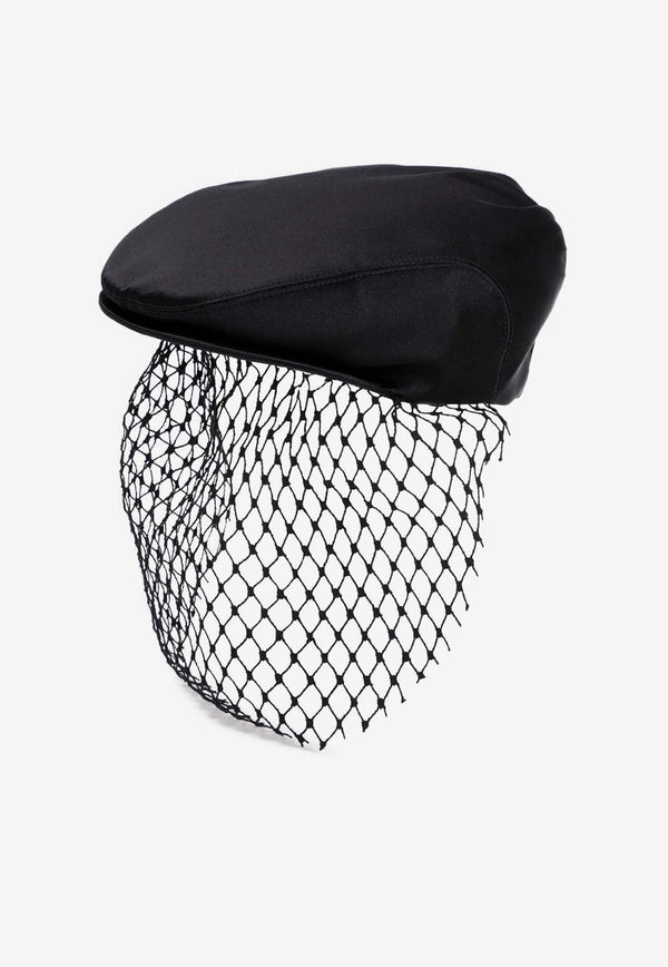 Silk Satin Flat Cap with Mesh Veil