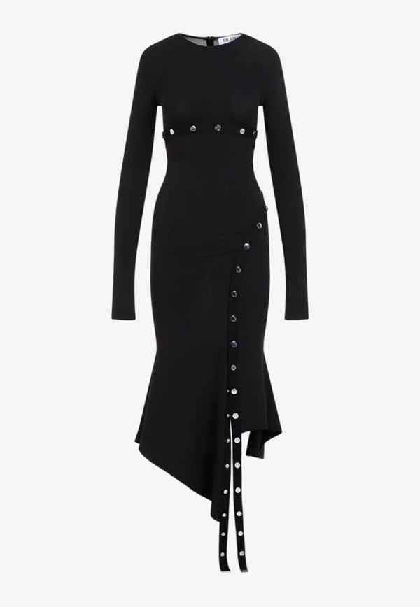 Asymmetric Snap-Detailed Midi Dress