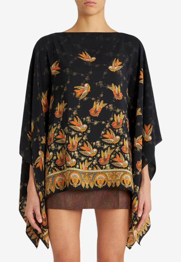 Bird Motif Silk Poncho