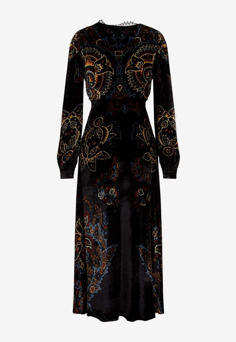 Floral Paisley Print Velvet Midi Dress