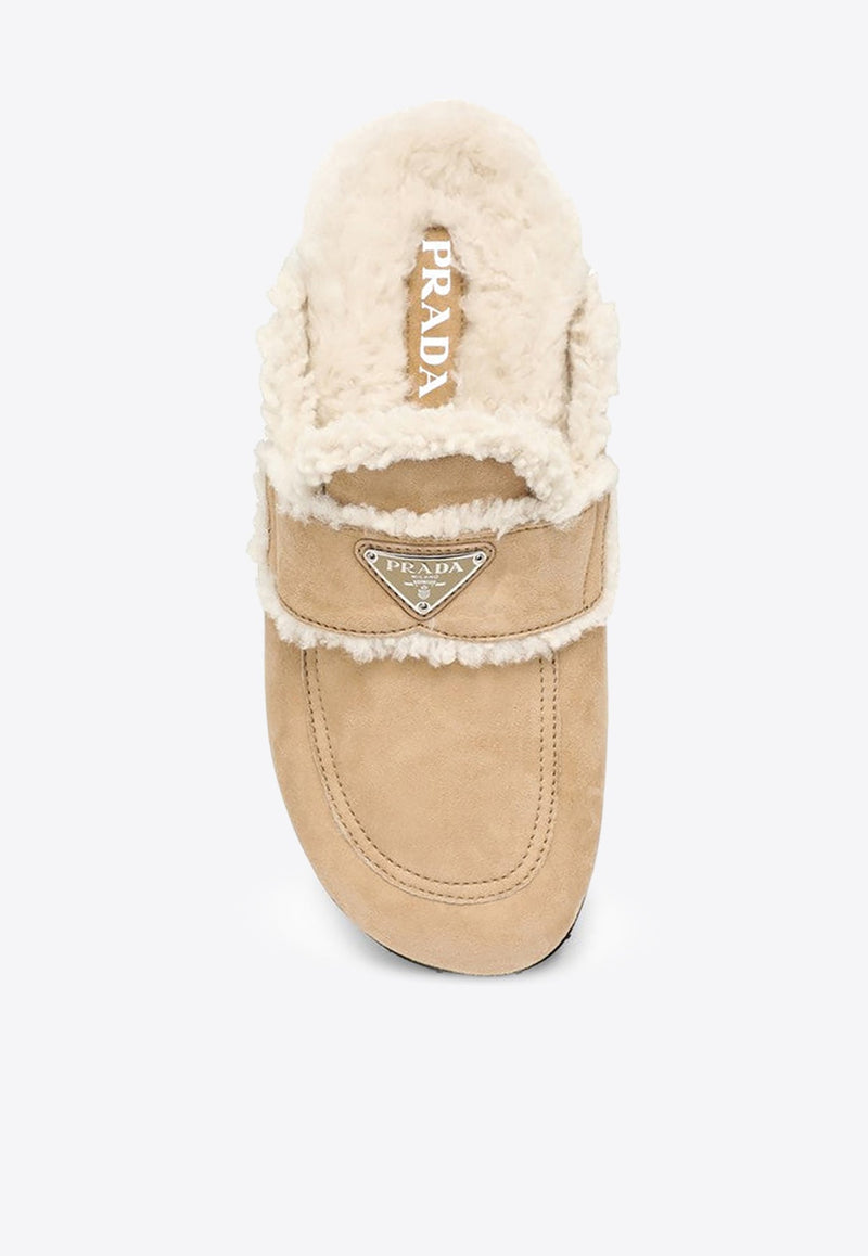 Triangle Logo Shearling Flat Mules