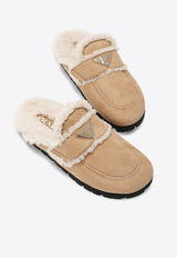 Triangle Logo Shearling Flat Mules