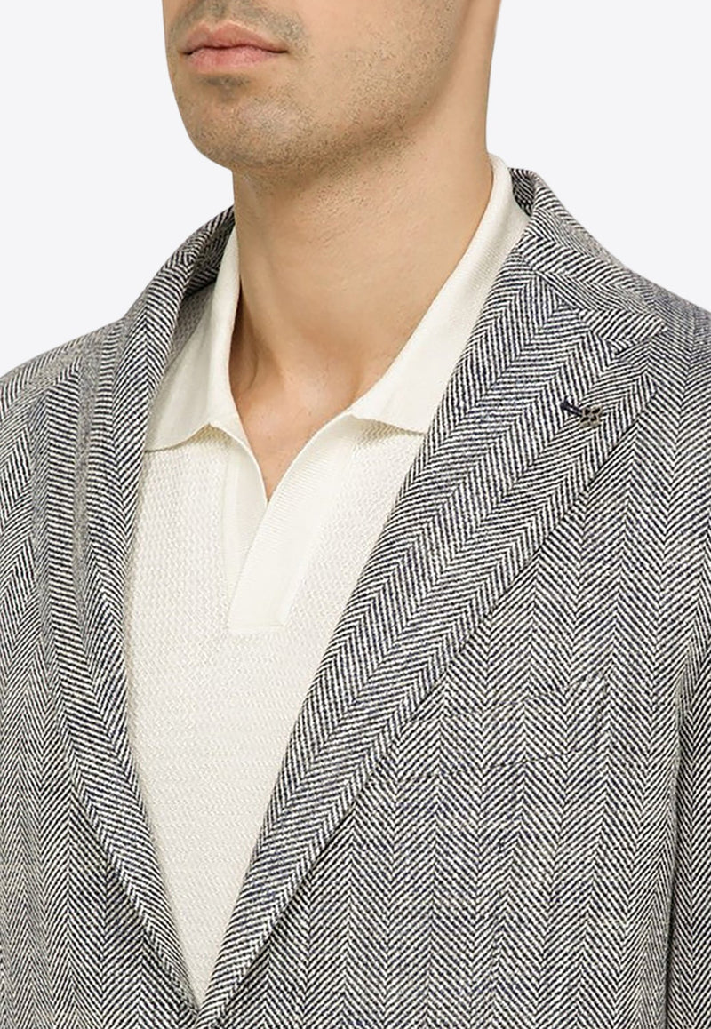 Single-Breasted Herringbone Blazer in Silk and Linen