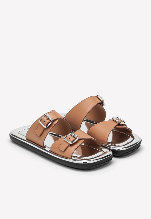 Double-Buckle Leather Flat Sandals