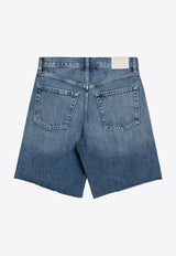 Washed-Effect Frayed Denim Shorts