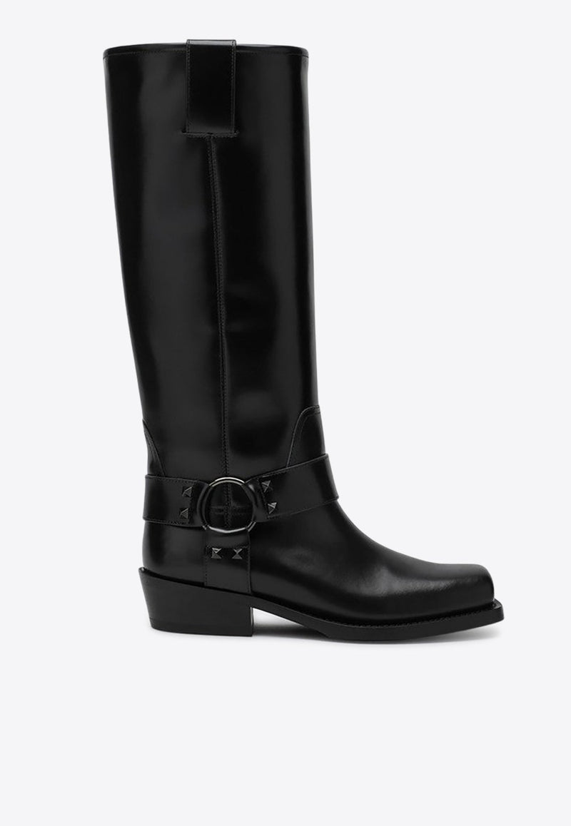 Rockstud Knee-High Leather Biker Boots