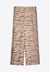 Tiger Print Wide-Leg Silk Pants