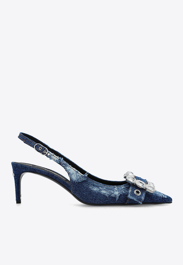 75 Distressed Denim Appliquéd Slingback Pumps