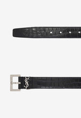 Logo Plaque Croc-Embossed Leather Belt