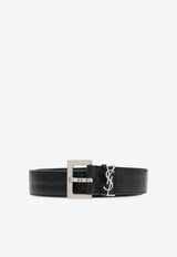 Logo Plaque Croc-Embossed Leather Belt