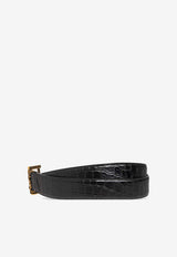 Logo Plaque Croc-Embossed Leather Belt