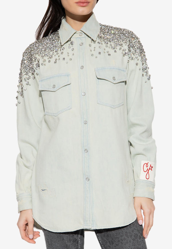 Bleached Denim Shirt with Crystal Embellishments