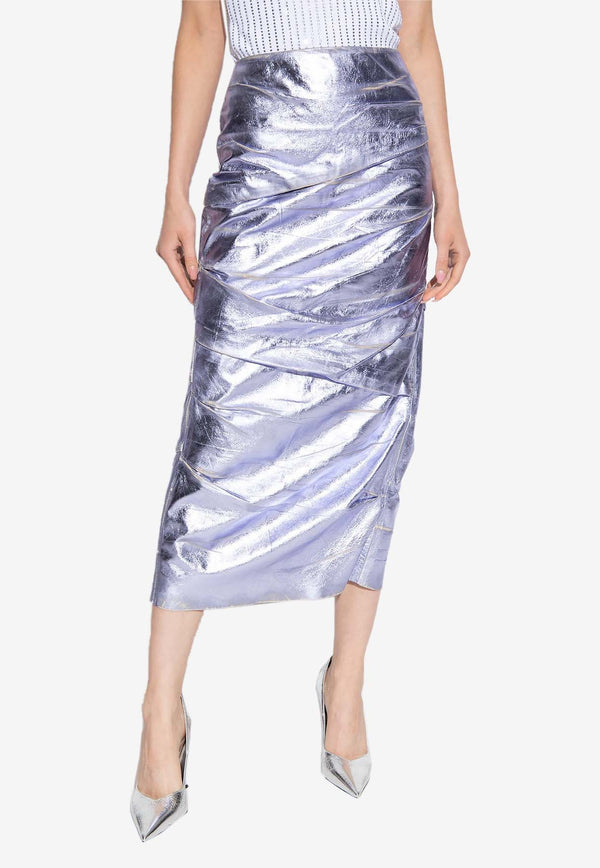 Distressed Metallic-Leather Midi Skirt