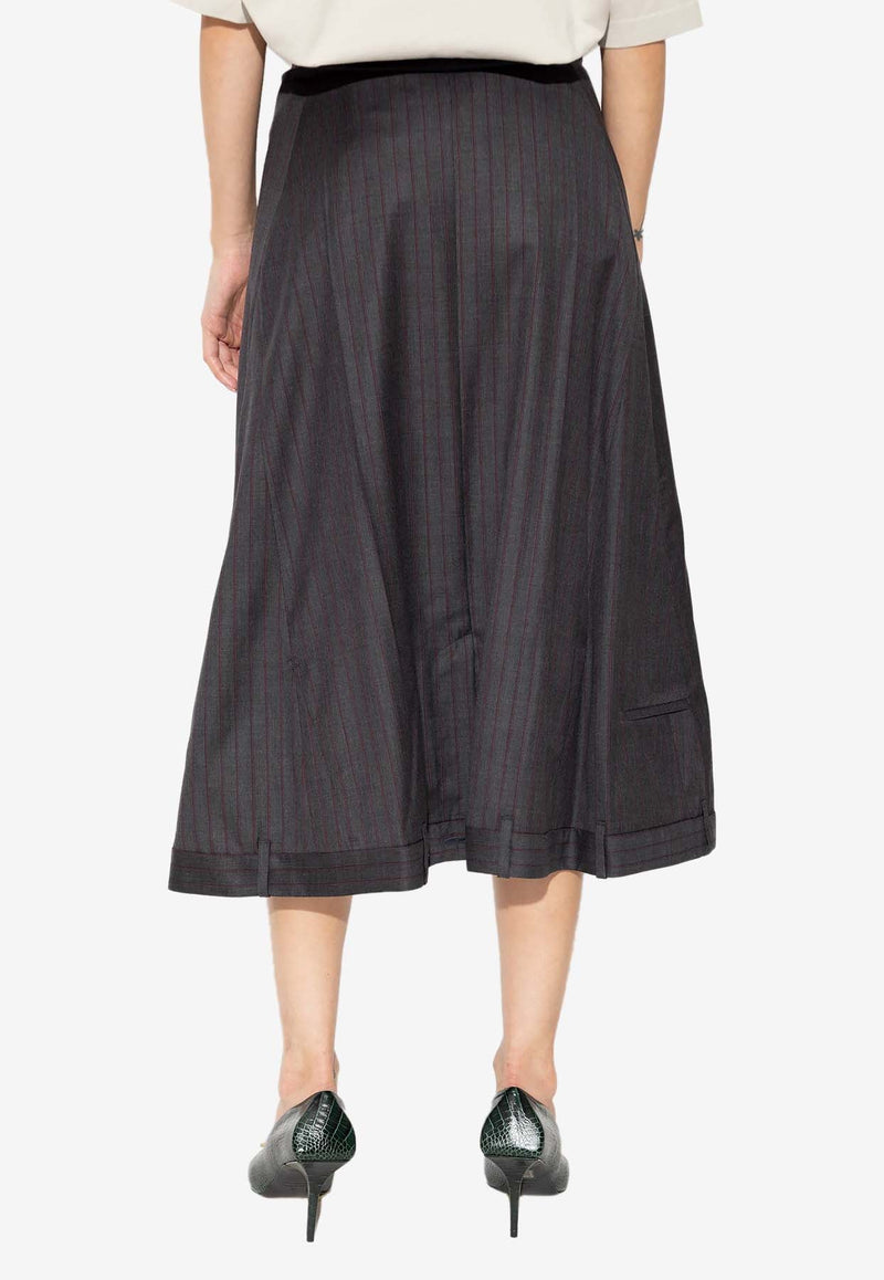 Pinstripe Flared Wool Midi Skirt