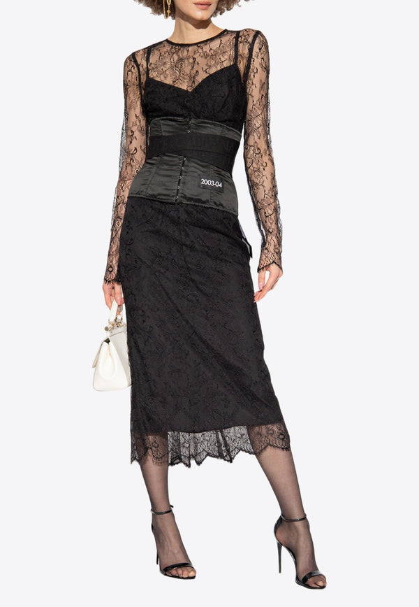 Chantilly Lace-Sleeved Midi Dress