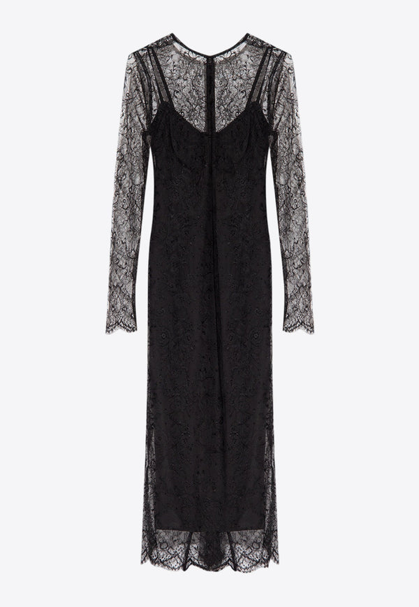 Chantilly Lace-Sleeved Midi Dress