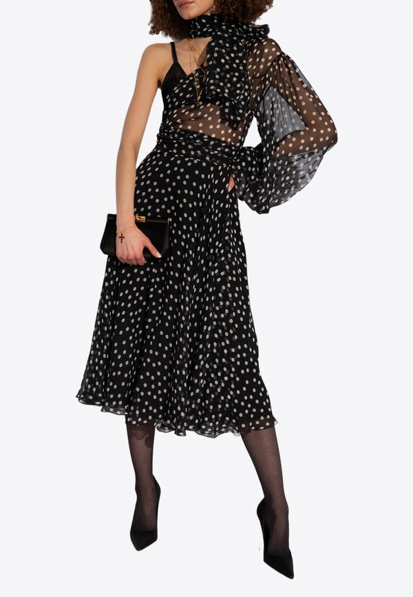 Polka Dot One-Shoulder Midi Chiffon Dress