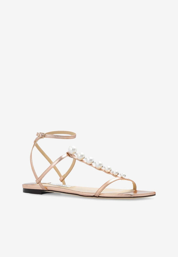 Amari Pearl Embellished  Metallic Flat Sandals