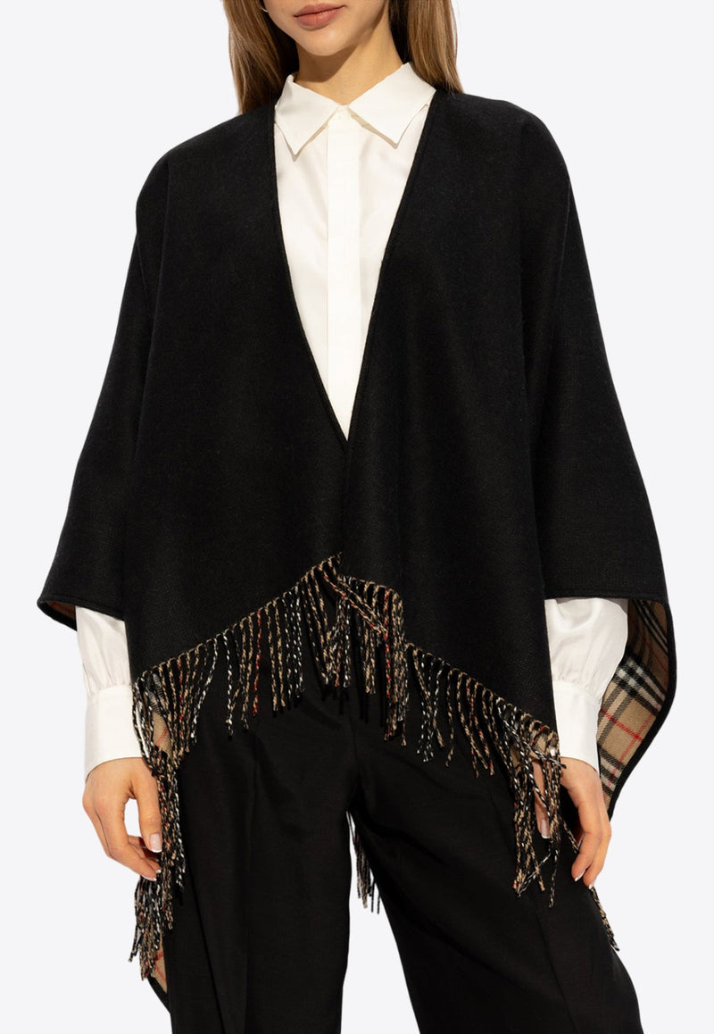 Reversible Wool Checked Fringed Poncho