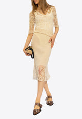 Lace-Trimmed Ribbed Midi Skirt