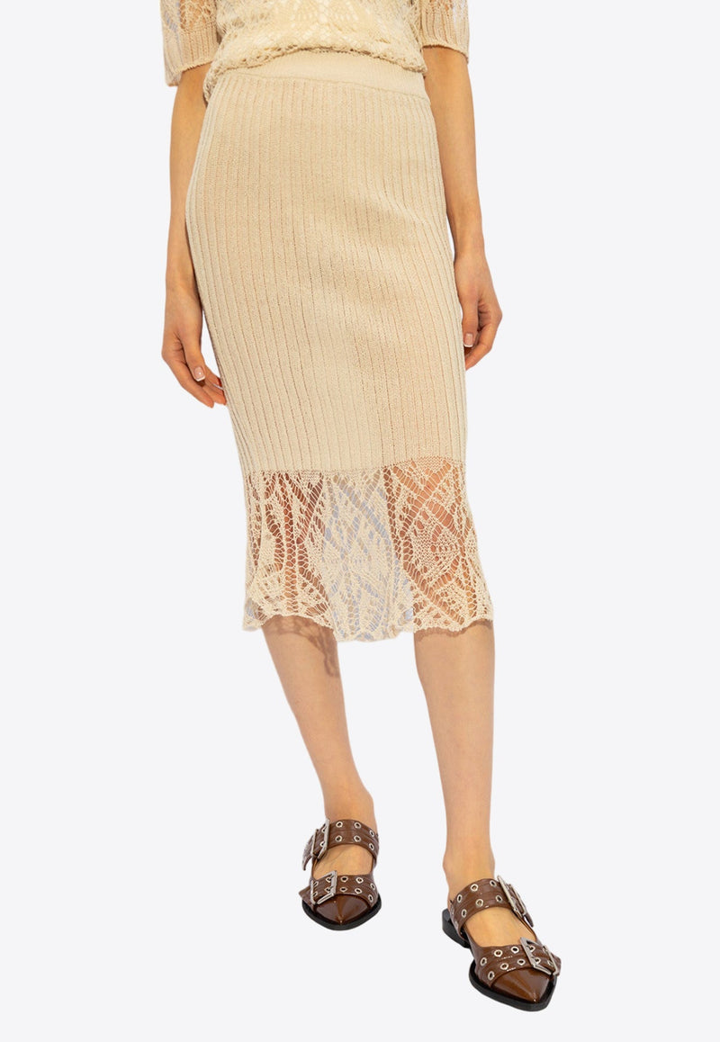 Lace-Trimmed Ribbed Midi Skirt