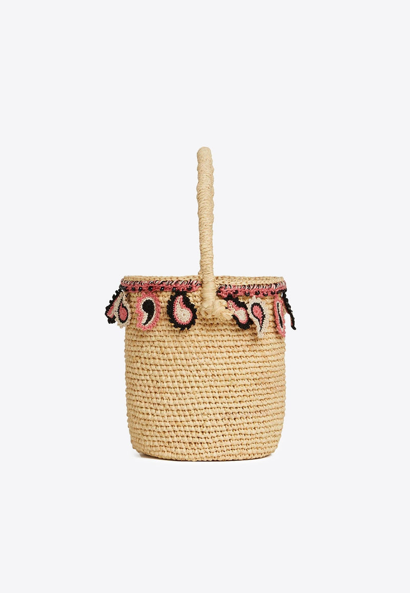 Paisley Appliqué Raffia Bucket Bag