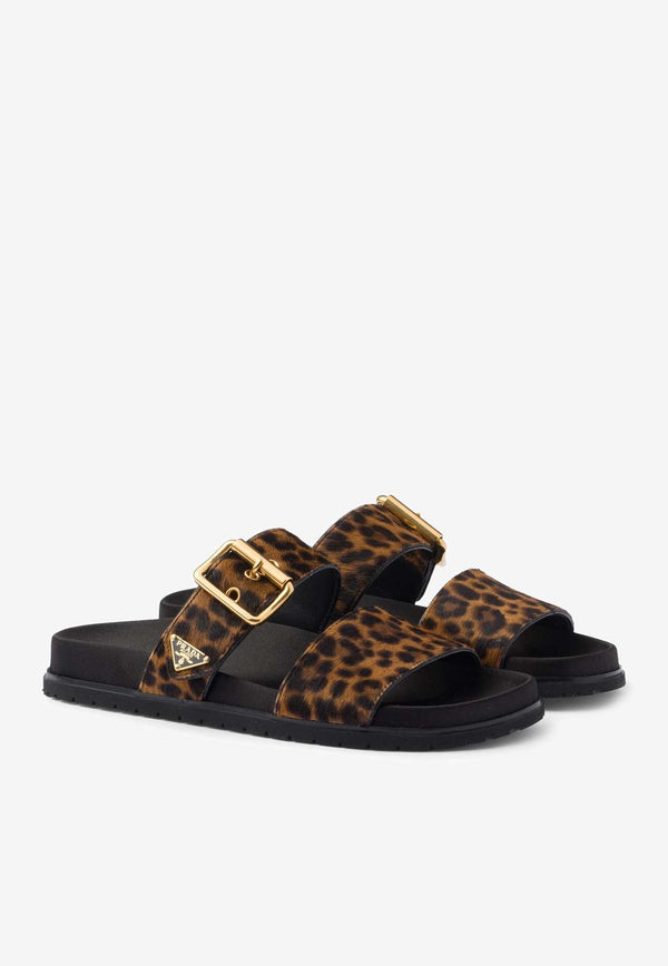 Triangle Logo Leopard Print Flat Sandals