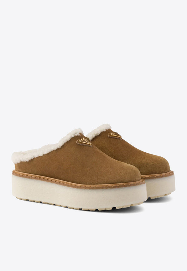 Triangle Logo Suede Flatform Mules