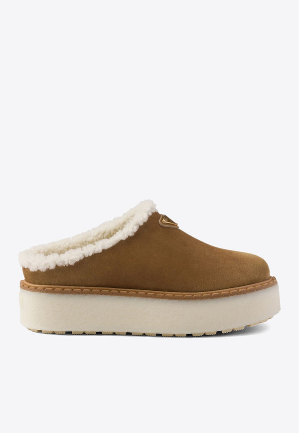 Triangle Logo Suede Flatform Mules