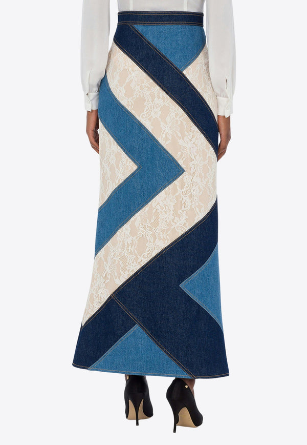 Denim and Lace Patchwork Maxi Skirt