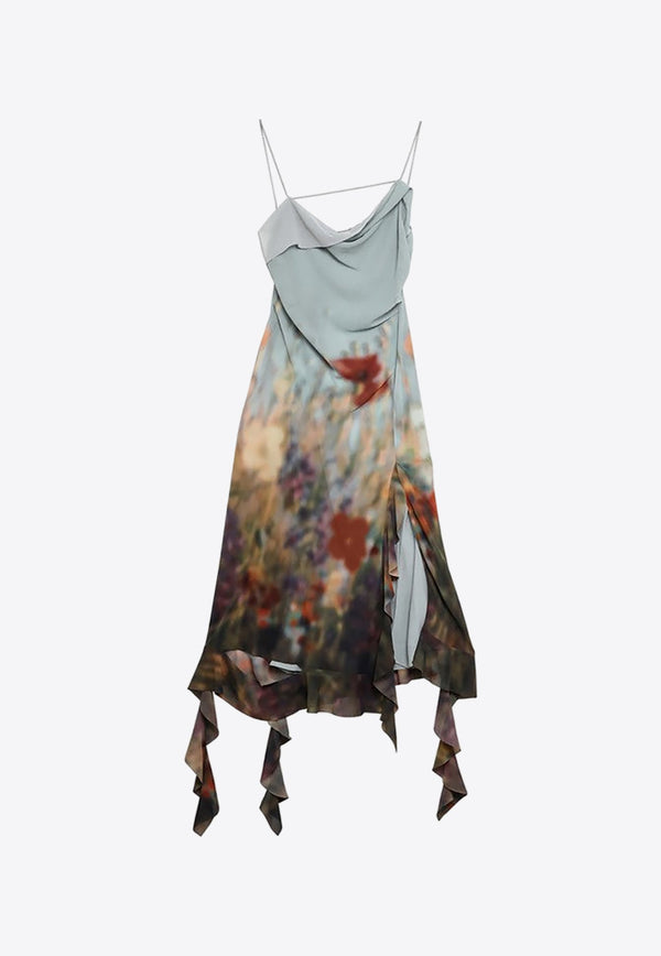 Blurred Print Asymmetric Midi Dress