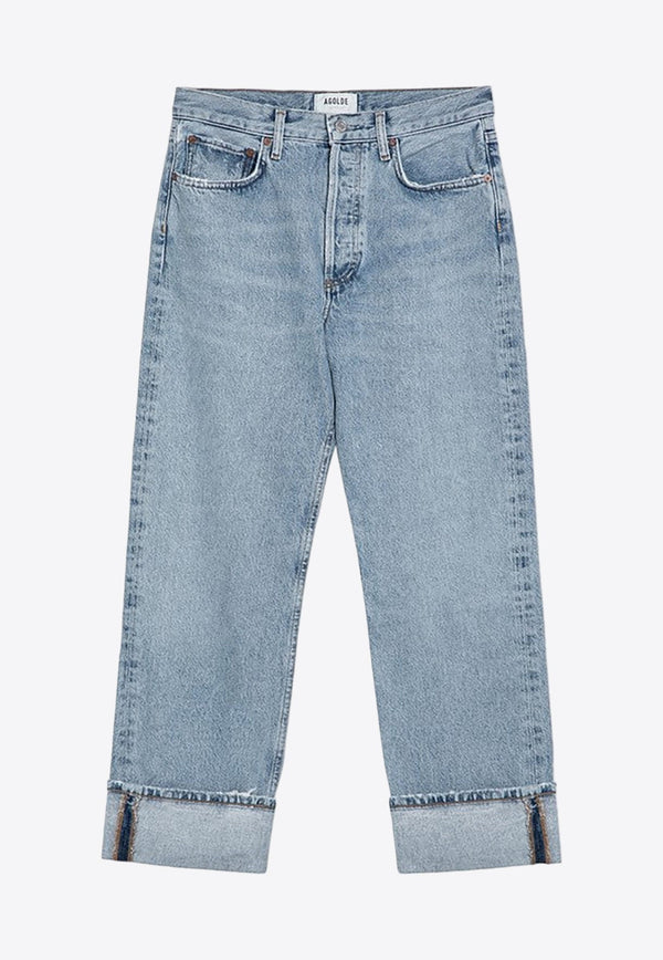 Washed-Effect Straight Jeans with Turn-Ups