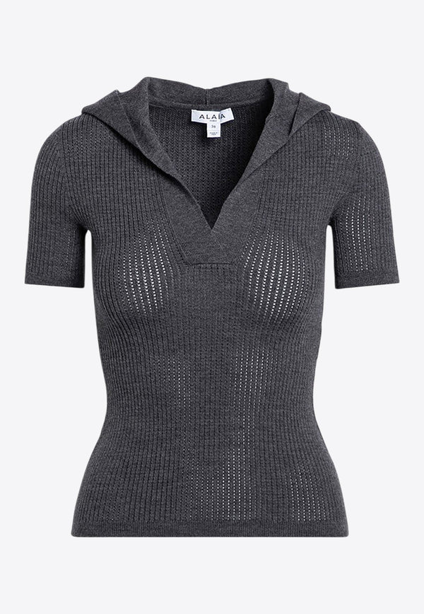 Ribbed Knit Wool Top with Hood