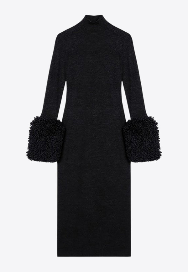 Shearling-Trimmed Cuffs Midi Dress