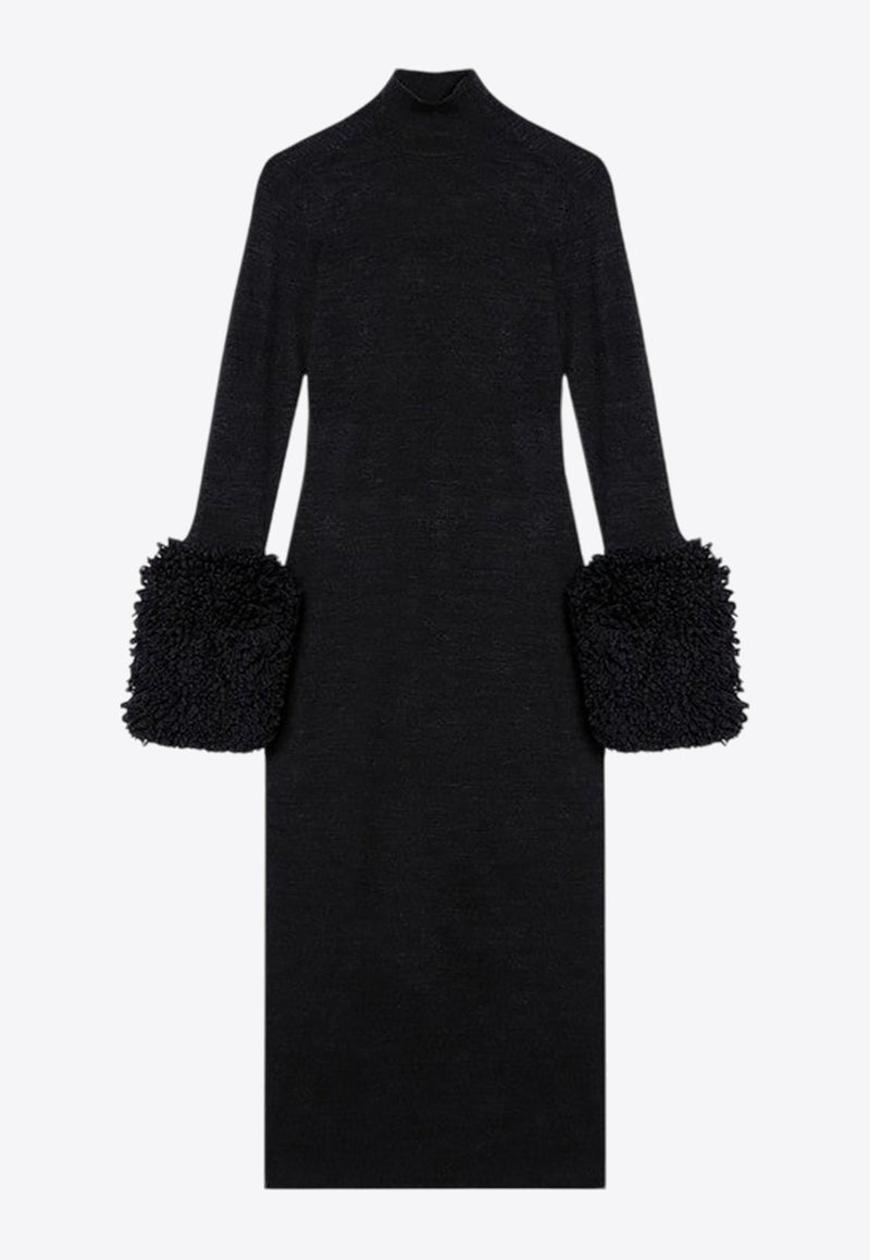 Shearling-Trimmed Cuffs Midi Dress