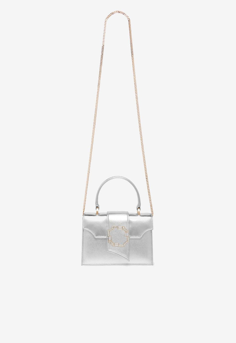 Mini Audrey Crest Buckle Top Handle Bag in Metallic Leather