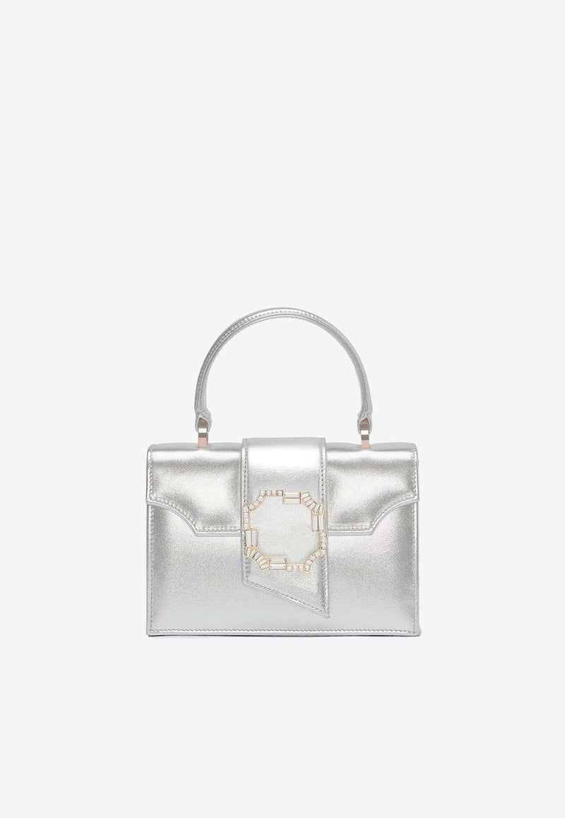 Mini Audrey Crest Buckle Top Handle Bag in Metallic Leather