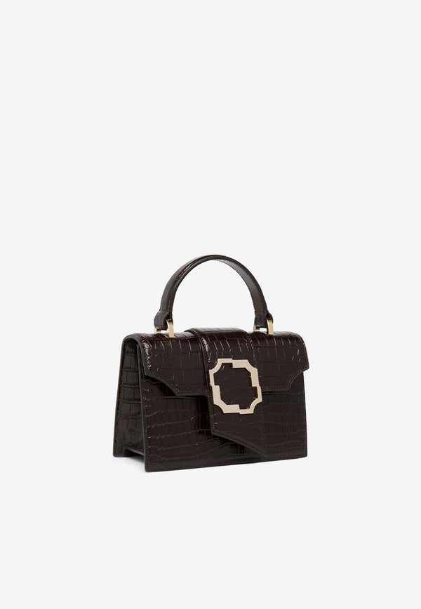 Mini Audrey Crest Buckle Top Handle Bag in Croc-Embossed Leather